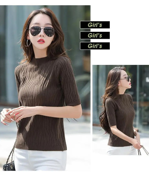 Half Turtleneck Ice Silk T-shirt Women's Sweater Mid-sleeved Temperament Versatile Top Fashionable Inner Wear Summer New Style