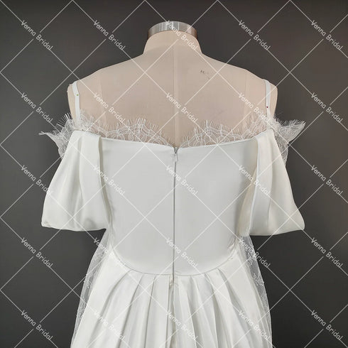 Customized Illusion Tulle Off Shoulder Lace Wedding Gowns A Line Long Sleeves Ruched Satin Bridal Dress