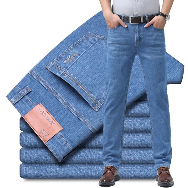 Men's Summer Straight Denim Jeans - Soft Casual Business Pants for Work