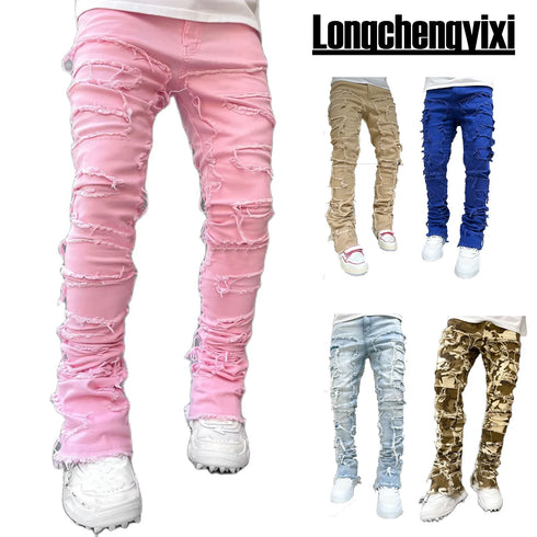 Men's Distressed Slim Fit Stacked Jeans with Ripped Design for Casual Streetwear