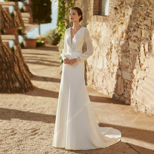 Backless Mermaid Wedding Dress Customized With Deep V Back And Long Sleeves, Floor Length Satin Gown