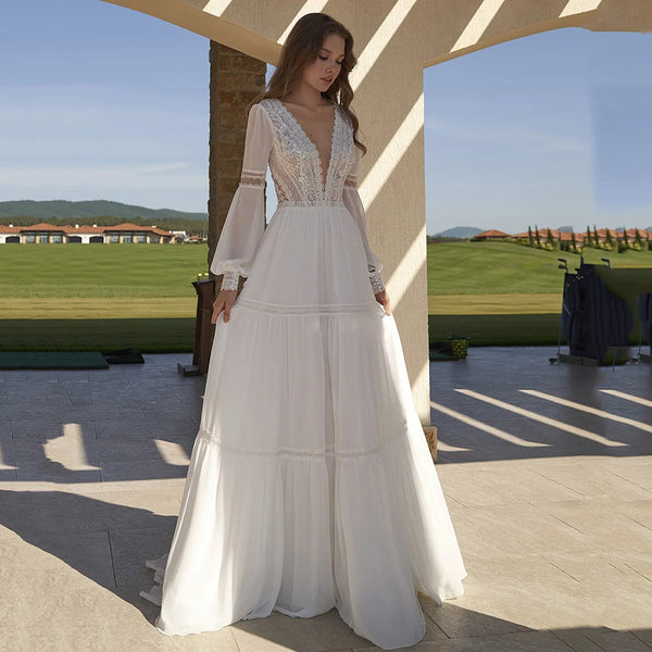 Deep V-Neck Boho Wedding Dress Bridal Gown Open Back Floor-Length Long Sleeve Lace Applique