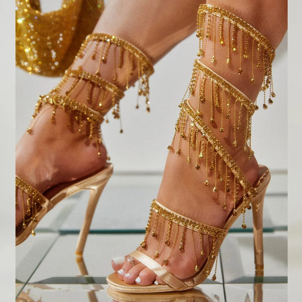 Aneikeh Fashion Sexy Rhinestone Ankle Strap Sandals