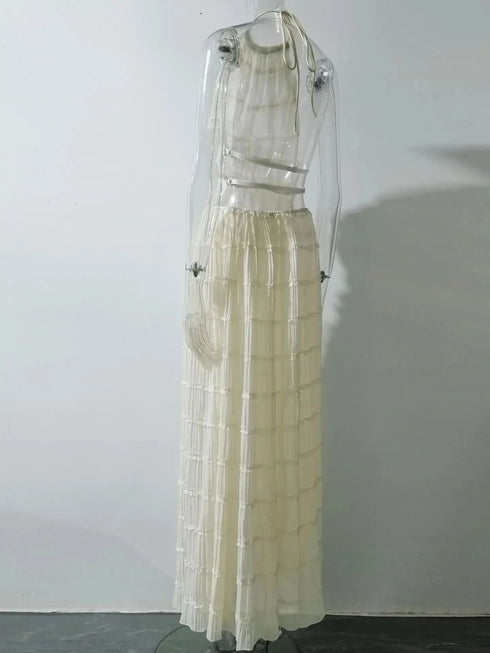 Fashion Halter Neck Maxi Skirt Suit for Women Backless Lace Up Two Piece Summer Outfit