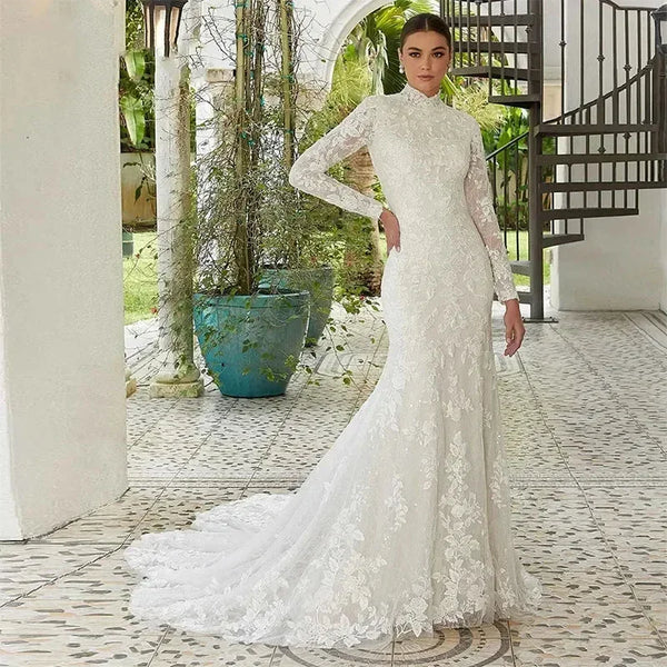 Lace Mermaid Wedding Dress With High Neck Long Sleeve Court Train Elegant Floral Applique