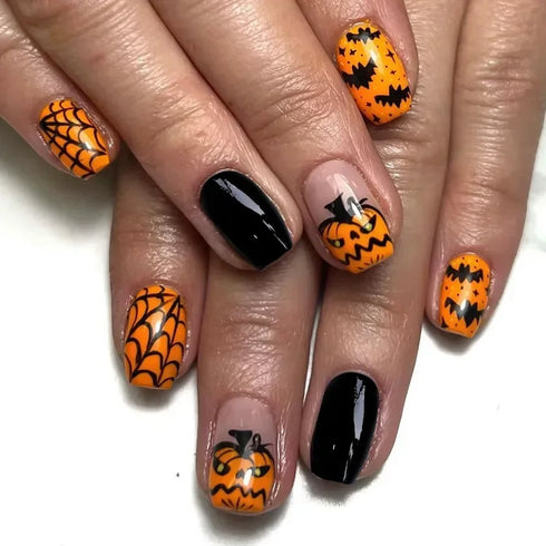 24pcs Halloween-Themed Short Square Press-On Nails with Fun Ghost, Bat, and Spider Web Designs - Perfect Fake Nail Set for Women and Girls
