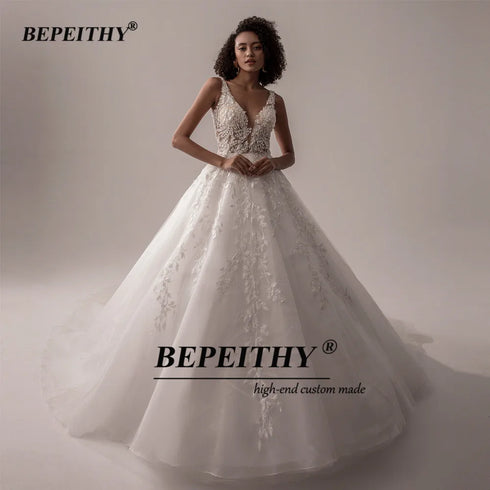 BEPEITHY Customized V Neck Sleeveless Wedding Dresses A Line Bridal Gown