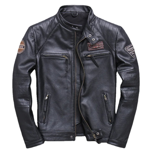Vintage Genuine Leather Biker Jacket for Men – Slim Fit Cowhide Motorcycle Outerwear with Pockets and Embroidery Details for All Seasons