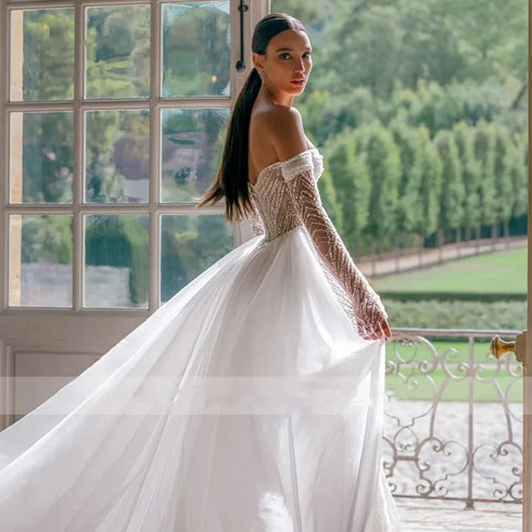 Modern Elegant Wedding Dresses Off The Shoulder Bridal Gowns With Detachable Train Lace Appliques