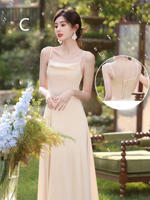 Bridesmaid Dress Satin Off-Shoulder Ruffle A-Line Floor-Length Lace-Up Gown Wedding Dress
