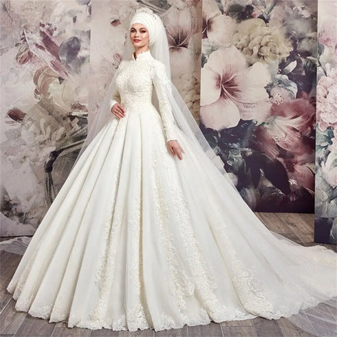 Customized Luxury Muslim Wedding Dresses High Neck Long Sleeve Tulle Lace Applique Beading Bridal Gown