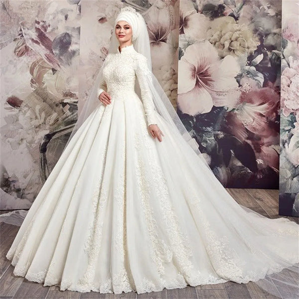 Customized Luxury Muslim Wedding Dresses High Neck Long Sleeve Tulle Lace Applique Beading Bridal Gown