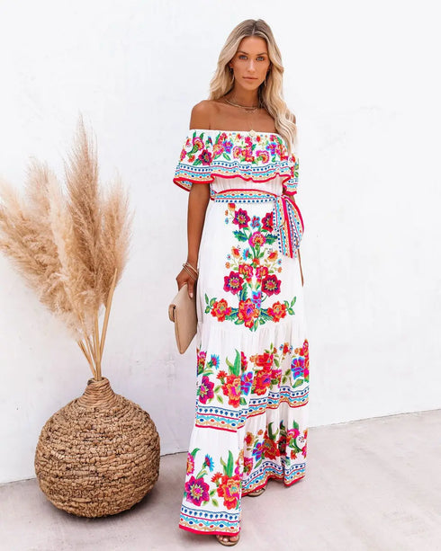 Elegant One-shoulder Short-sleeved Dress For Women Fashion Splicing Floral Print Dresses