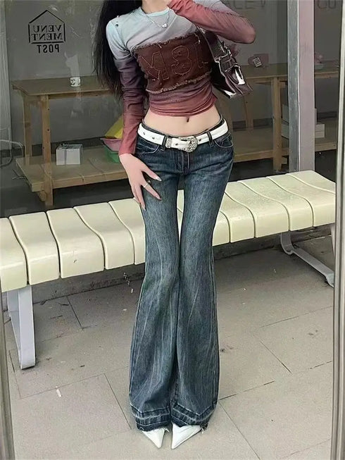 Vintage Y2K Inspired Low Waist Flare Jeans for Women - Perfect for Fall Outfits and High Street Style with Embroidery and Distressed Details