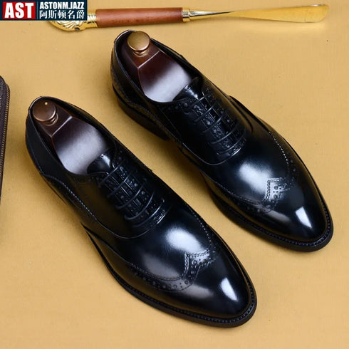 Genuine Cow Leather Brogue Oxford Shoes for Men Vintage Handmade Casual Flats