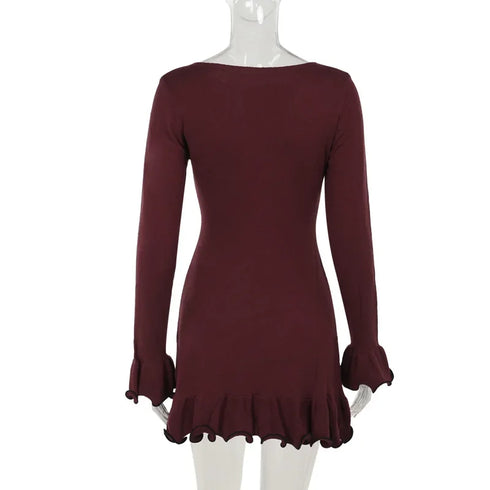 Knitted Ruffle Mini Dress for Women Elegant Bodycon Knit Sweater Dress for Autumn Winter