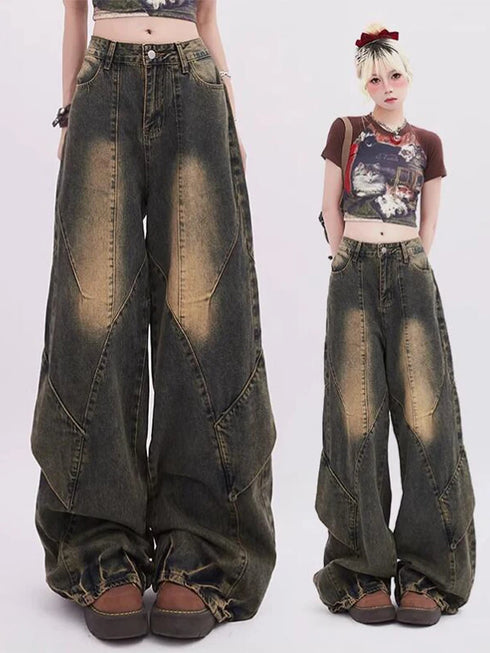 Women's Vintage Blue Baggy Jeans Y2k Streetwear Denim Trousers