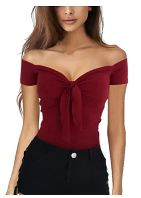 2024 euro-n spring and summer lady pure color V-neck elegant beach party slim T-shirt