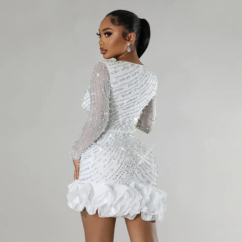 Long Sleeve V Neck Transparent Club Dress with Diamonds