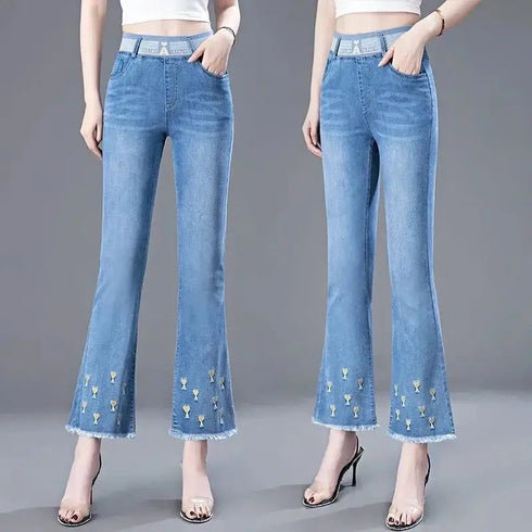 Casual Flared Jeans for Women - Spring Summer Korean Fashion with Embroidery and Elastic Waist - Perfect Outfit Ideas for Streetwear and Fall Jeans Outfits
