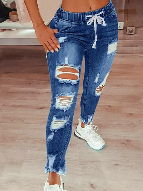 Casual Drawstring Denim Jeans for Women - Ripped Hole Stretch Skinny Pencil Pants Perfect for Fall Outfits Jeans and Homecoming Events