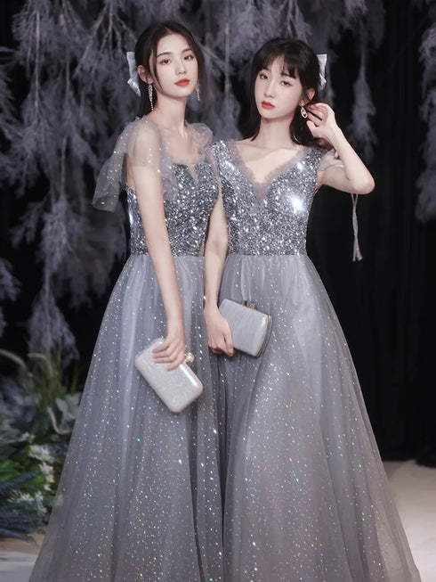 Off Shoulder Lace Illusion A Line Dress Floor Length Glitter Tulle Bow Bridesmaid Dress