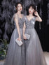 Off Shoulder Lace Illusion A Line Dress Floor Length Glitter Tulle Bow Bridesmaid Dress
