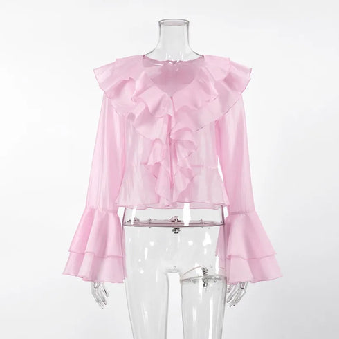Summer Ruffle V Neck Long Sleeve Tops Casual Party Tees for Women
