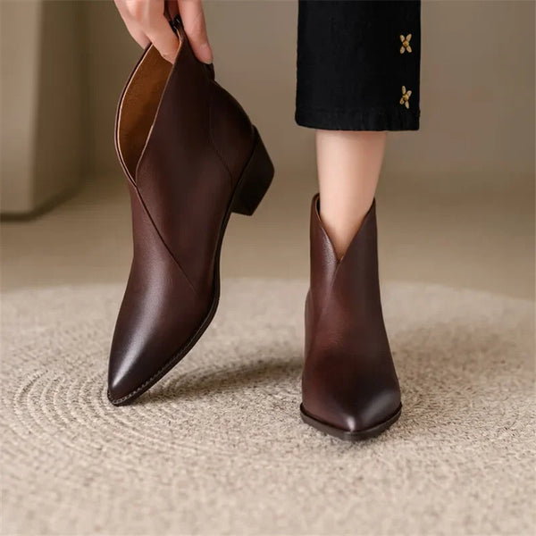 Women Genuine Leather Ankle Boots Pointed Toe Chunky Heel Winter Fashion Short Boots