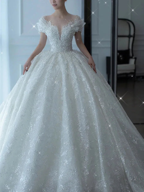 Princess Crystal Beaded Wedding Gown with Puff Tulle - Elegant Bride Dress