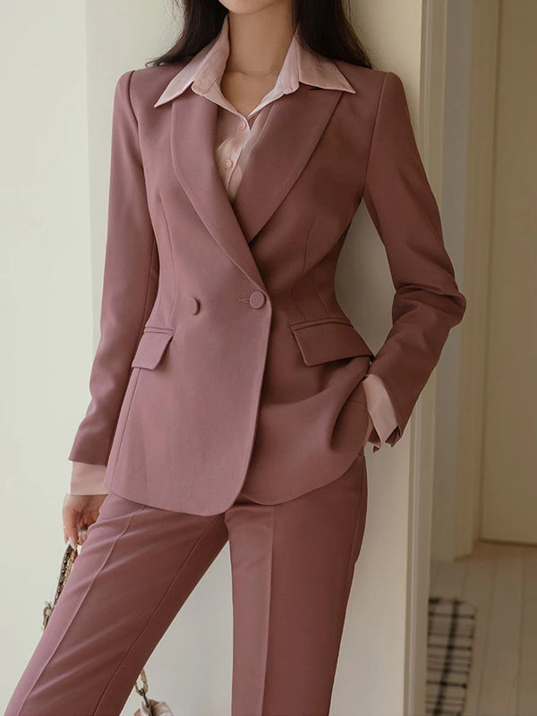 Elegant Women's Vintage Casual Business Pantsuit with Double-Breasted Blazer and Ankle-Length Pencil Trousers - Stylish Office Lady Outfit for All Seasons