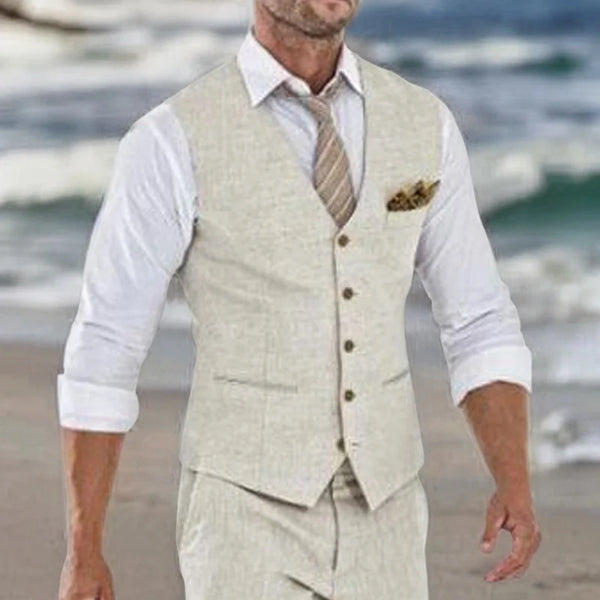 Summer Beach Wedding Men's Beige Linen V-Neck Suit Vest Casual Fashion