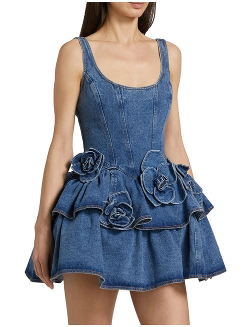 Chic Summer 3D Floral Denim Mini Dress Vintage A Line Halter Jean Fashion Clothing