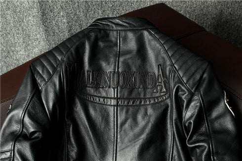 Vintage Genuine Leather Biker Jacket for Men – Slim Fit Cowhide Motorcycle Outerwear with Pockets and Embroidery Details for All Seasons