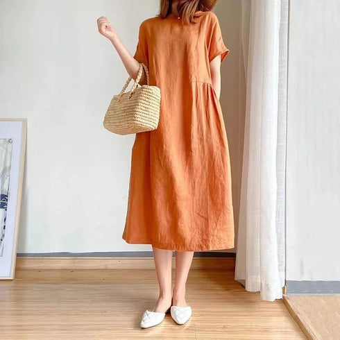 Loose Fit Slimming Cotton Linen Dress for Women Summer Plus Size Mid-Length Skirt