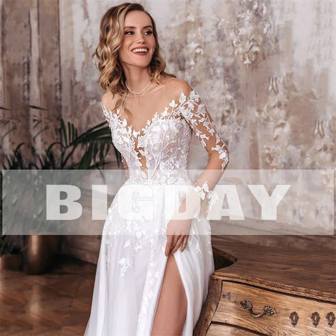 Elegant A-Line Wedding Dress Open Back V-Neck Lace Gown