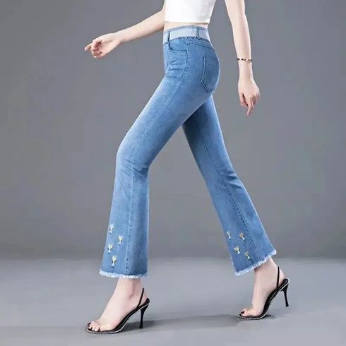 Casual Flared Jeans for Women - Spring Summer Korean Fashion with Embroidery and Elastic Waist - Perfect Outfit Ideas for Streetwear and Fall Jeans Outfits