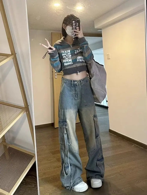 Female Jean Spliced Pockets Cargo Pants Distressed Denim Basics