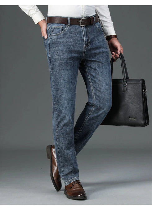 Men's High Waist Fit Straight Jeans Classic Vintage Cotton Trousers