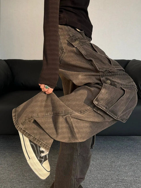 Baggy High Waist Cargo Jeans for Women - Vintage Japanese 2000s Style Denim Trousers Perfect for Fall Outfits and Aesthetic Streetwear