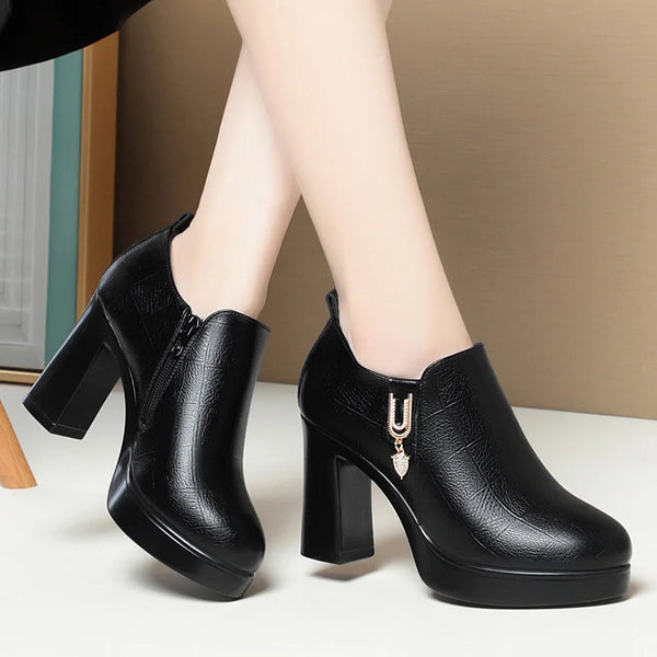 Comfortable Deep Mouth Soft Leather Anti-slip Block High Heels