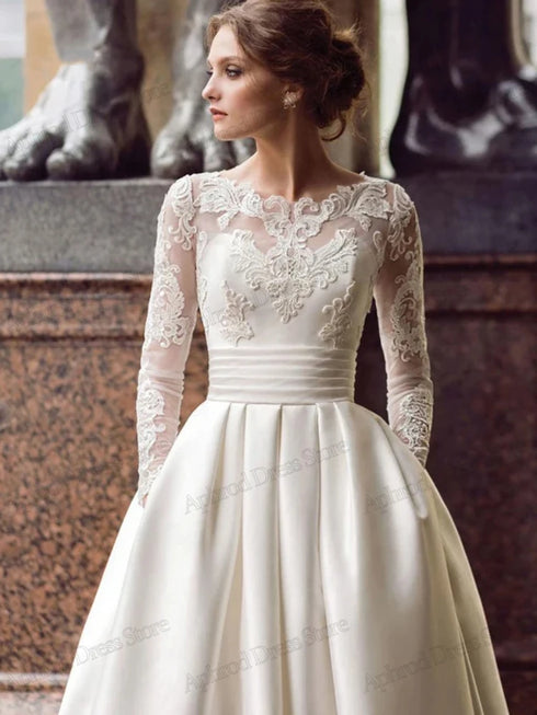 Elegant Satin Wedding Dress With Vintage Lace Appliques Back Lace Up Floor Length