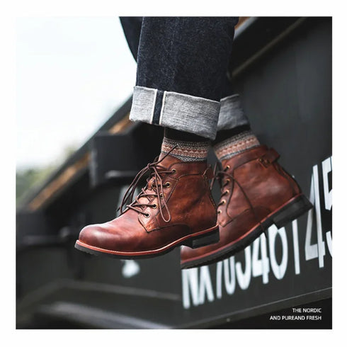 Retro Handmade Leather Ankle Boots for Men - Chunky Motorcycle Style