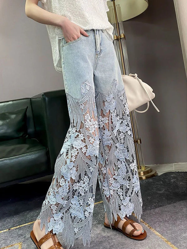 Hollow Out Lace Panel Wide Leg High Waist Jeans for Women - Stylish Summer Straight Leg Pants Perfect for Office and Casual Outfits, Ideal for Fall Jeans Outfit Inspiration