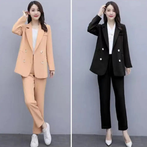 Elegant Women's Business Suit Set with Double-Breasted Coat and Ankle-Length Harem Pants for Formal Office Wear and Stylish Commutes
