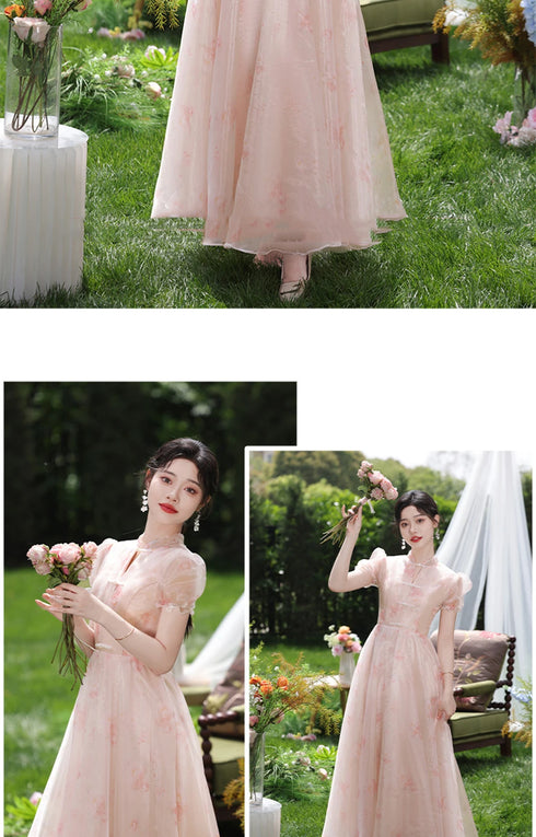 Off Shoulder Bridesmaid Dress Elegant Bubble Sleeve Floral Print Aline Gown For Party