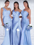 Satin Off-Shoulder Backless Pleated Bridesmaid Dress With Sweep Train Elegant Evening Gown