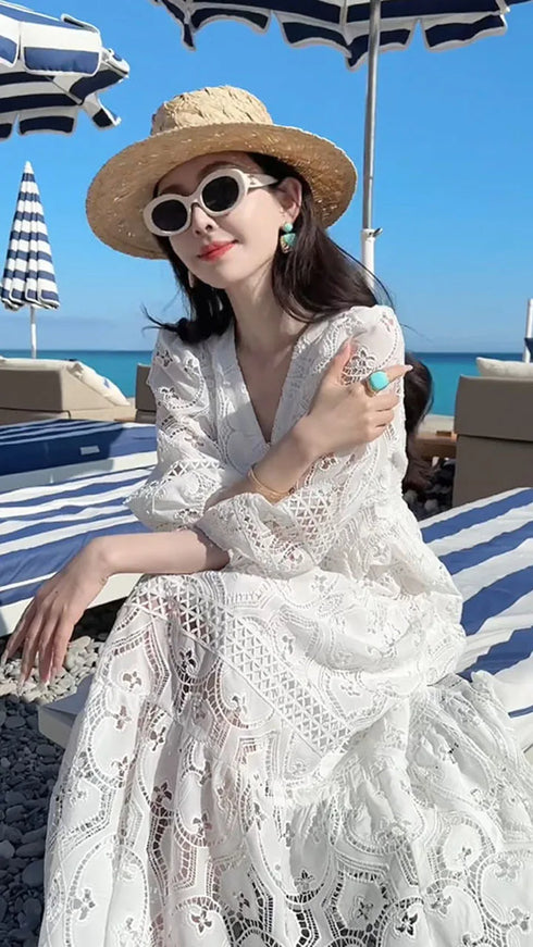 Elegant Embroidery White Lace Long Dress for Women Evening Occasion