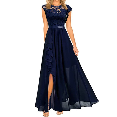 Harajuku Vintage Elegant Long Maxi Dress Stylish Party Wedding Dress with Spliced Lace Chiffon