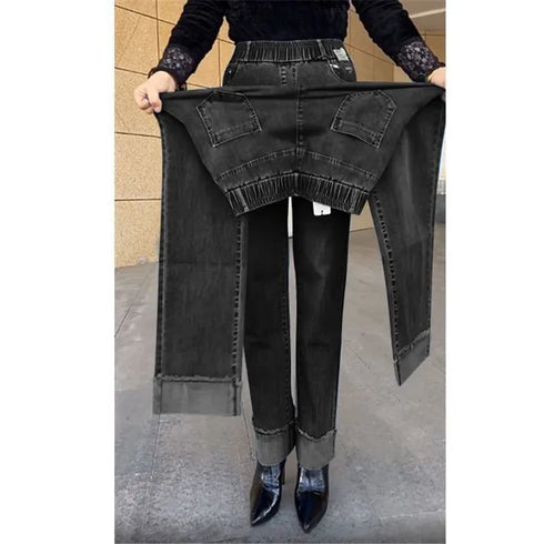 Elastic Waist Jeans For Women High Waist Wide Leg Denim Pants Loose Fit Casual Trousers